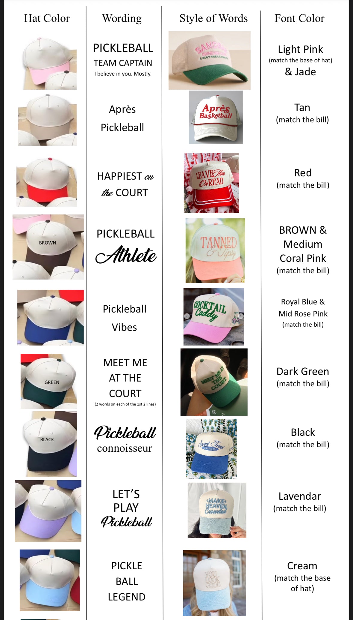 13 pickle ball hats for Carrie including everything