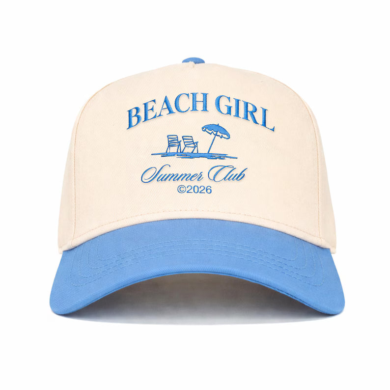 Embroidered Beach Girl Summer Club Trucker Hat, Coastal Cotton Snapback