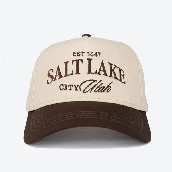 Vintage Salt Lake City snapback hat, Salt Lake City Utah Embroidery cap, vintage Utah cap, Utah camo and cream hat, Utah Brown & cream hat