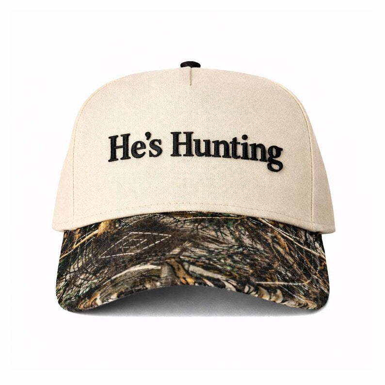 He's Hunting Puff Embroidered Trucker Cap, Camo Outdoor country Snapback Hat