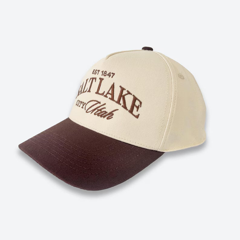 Vintage Salt Lake City snapback hat, Salt Lake City Utah Embroidery cap, vintage Utah cap, Utah camo and cream hat, Utah Brown & cream hat