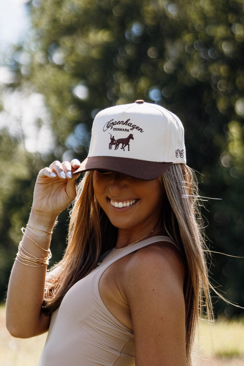 Vintage Copenhagen Trucker Cap: Handmade Embroidered Horse, Two-Tone