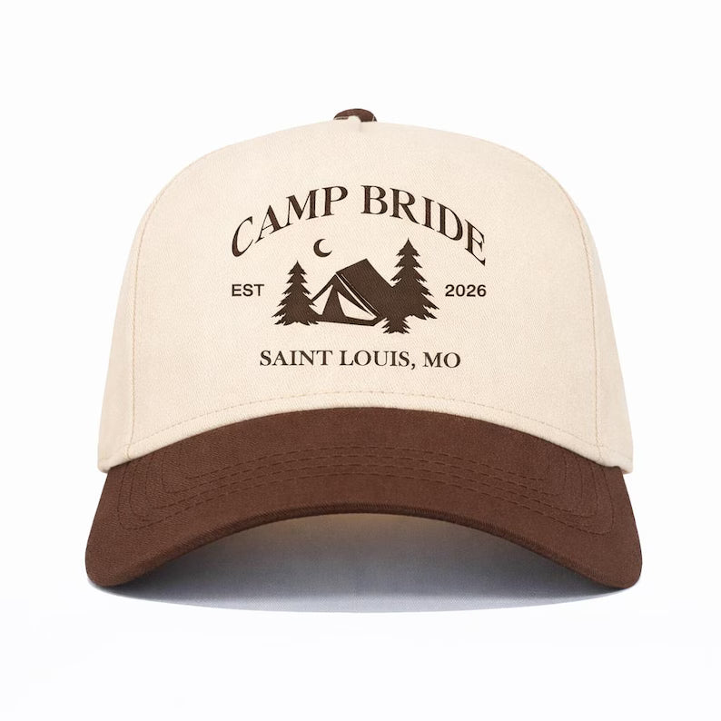 Custom Embroidered Camp Bachelorette Hats, Bride Squad Camping Trip Western Cowgirl Bach