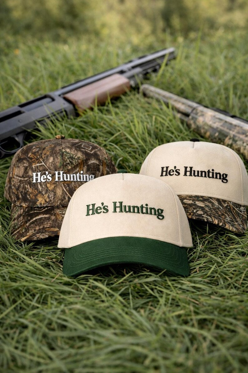 He's Hunting Puff Embroidered Trucker Cap, Camo Outdoor country Snapback Hat