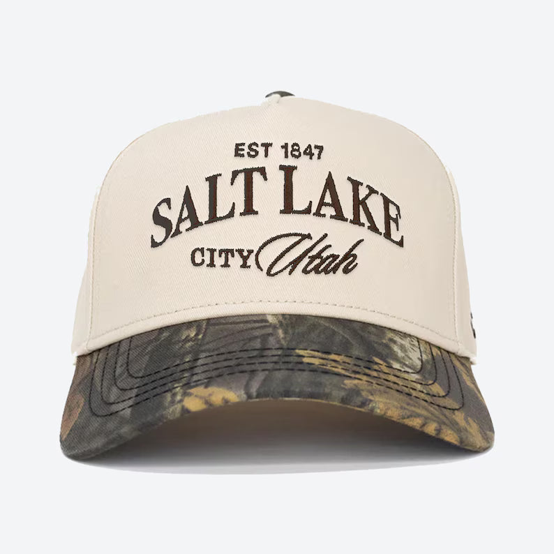 Vintage Salt Lake City snapback hat, Salt Lake City Utah Embroidery cap, vintage Utah cap, Utah camo and cream hat, Utah Brown & cream hat