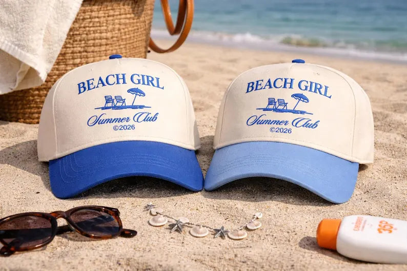 Embroidered Beach Girl Summer Club Trucker Hat, Coastal Cotton Snapback