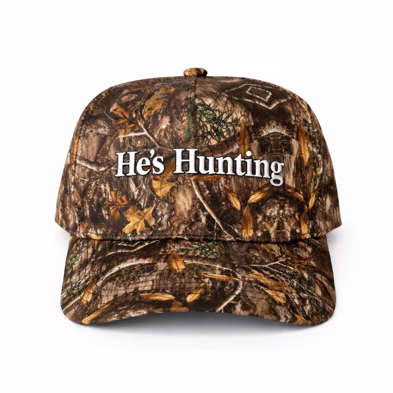 He's Hunting Puff Embroidered Trucker Cap, Camo Outdoor country Snapback Hat