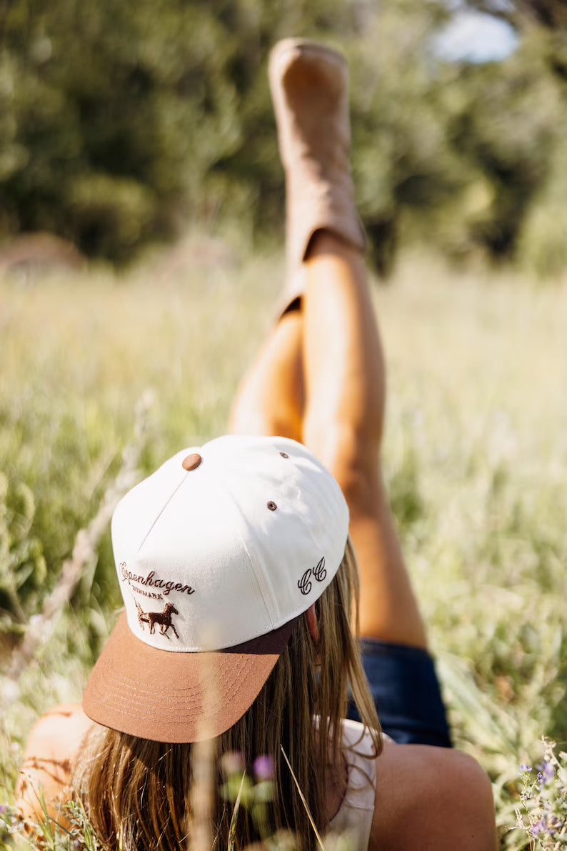 Vintage Copenhagen Trucker Cap: Handmade Embroidered Horse, Two-Tone