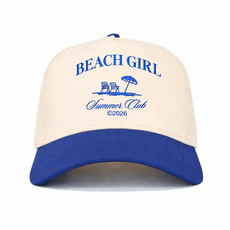 Embroidered Beach Girl Summer Club Trucker Hat, Coastal Cotton Snapback