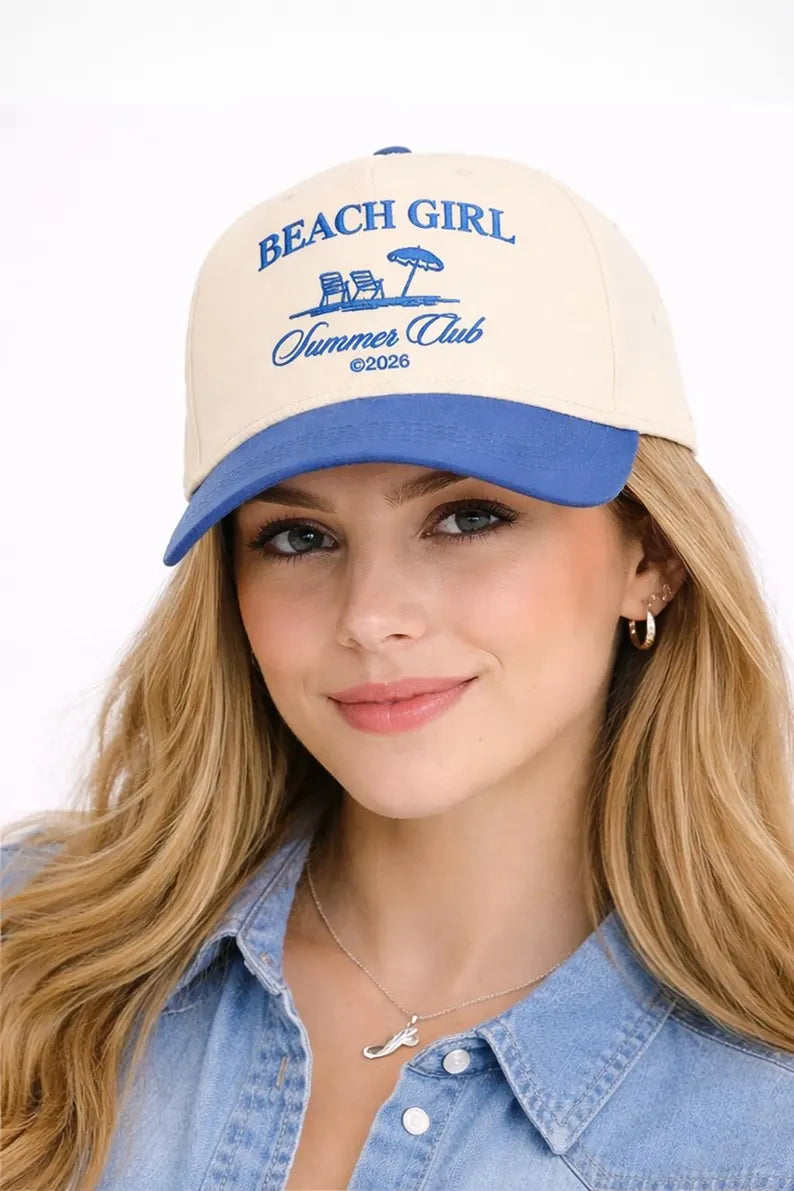 Embroidered Beach Girl Summer Club Trucker Hat, Coastal Cotton Snapback