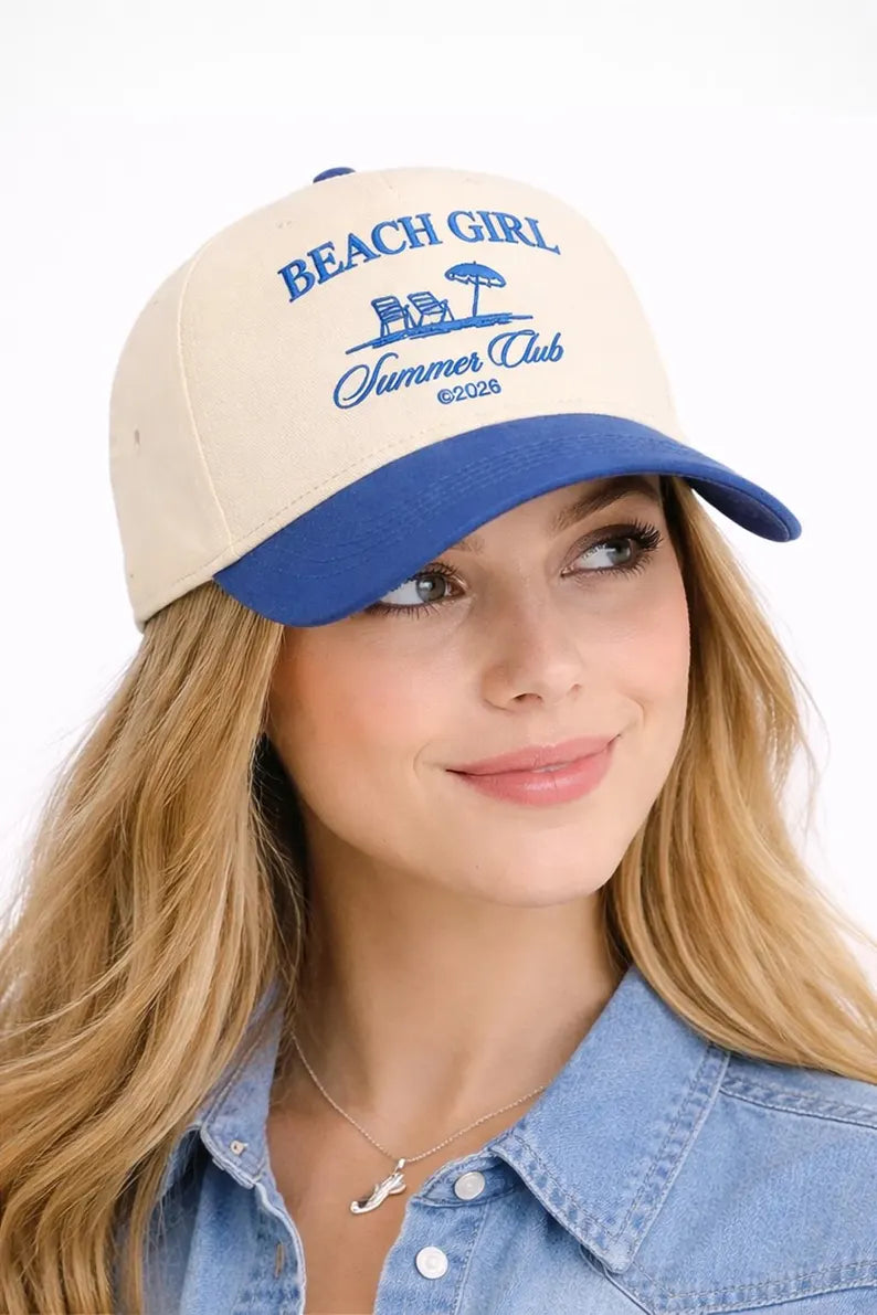 Embroidered Beach Girl Summer Club Trucker Hat, Coastal Cotton Snapback
