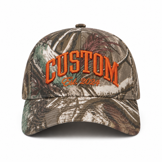 Custom Camo Hat: Embroidered Varsity Font Snapback